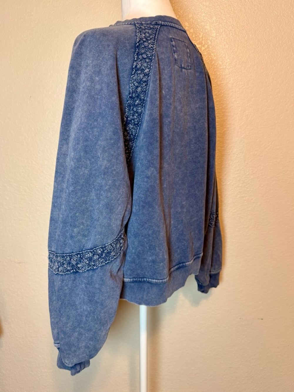 Aerie Hey Crochet Mineral Wash Blue Sweatshirt Crochet Lace Detail Oversize XS - Picture 6 of 15